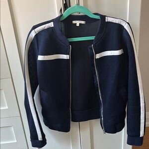 IRO Blue and White Bomber Jacket with Ribbed Details